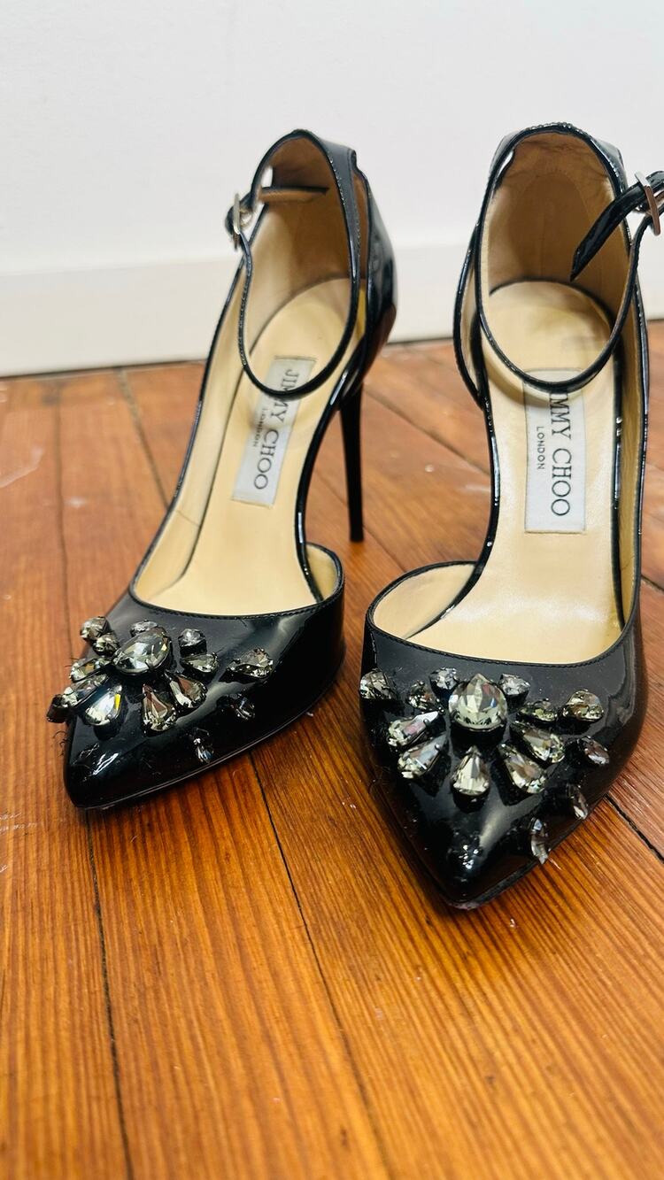 JIMMY CHOO Black Patent Leather Lucy Mix Crystal D'Orsay Pumps Heels size 36